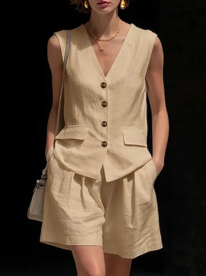 Women's Clothing Women's Simple Elegant Cotton Linen Two Piece Set Vest Shorts For Formal & Casual For Women_ecoleips.com
