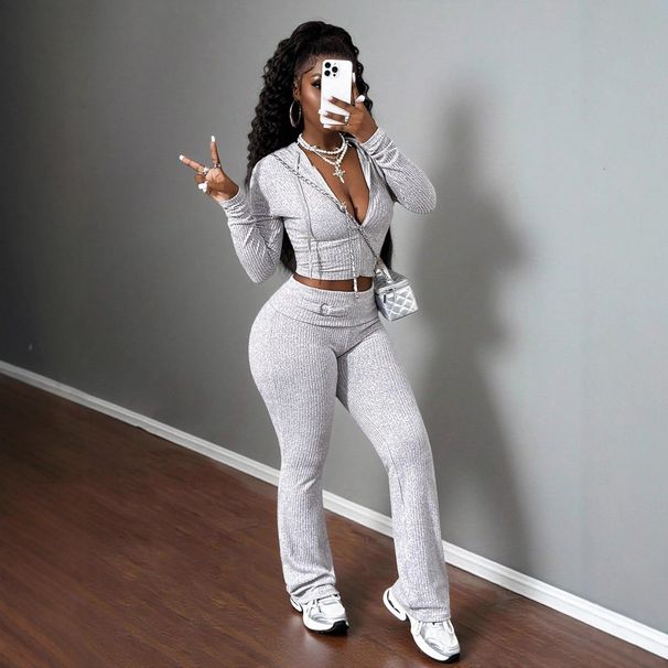 Women's Clothing Women's Fashion Knitted Ribbed Two Piece Set Long Sleeved Sweatshirt Style Slim Fit Casual Suit_ecoleips.com