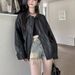 Women's Clothing Retro Brown Leather Jacket Autumn Black Sweet Cool Motorcycle PU Leather Loose Long Sleeve Top_ecoleips.com