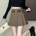 High Waisted Black Wool Pleated Mini Skirt with Belt Anti Exposure Design Korean Style Versatile A-Line Women's Bottoms_ecoleips.com