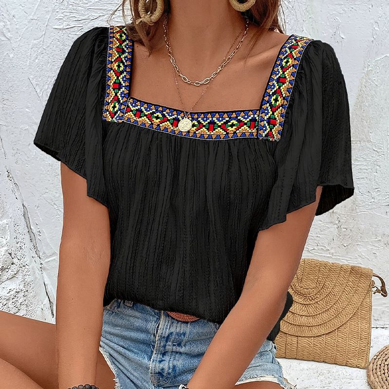 Women's Summer Lace Embroidered Square Neck Blouse Elegant Sleeve Design Back Detail Top Fashionable Casual Wear_ecoleips.com
