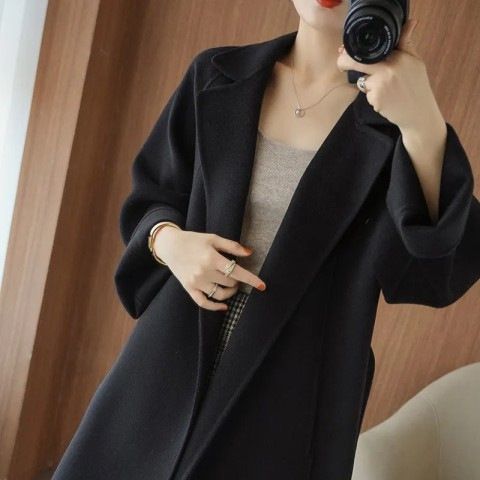 Women's Long Double-Faced Wool Coat, Knee-Length Oversized Trench Coat With Pockets, Wrinkle-Free Polyester Blend, Relaxed Fit For Autumn Winter_ecoleips.com