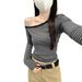 Design Slanted Shoulder Striped Long-sleeved T-shirt Women's Autumn New Off-shoulder Slim-fitting Casual Versatile Top_ecoleips.com