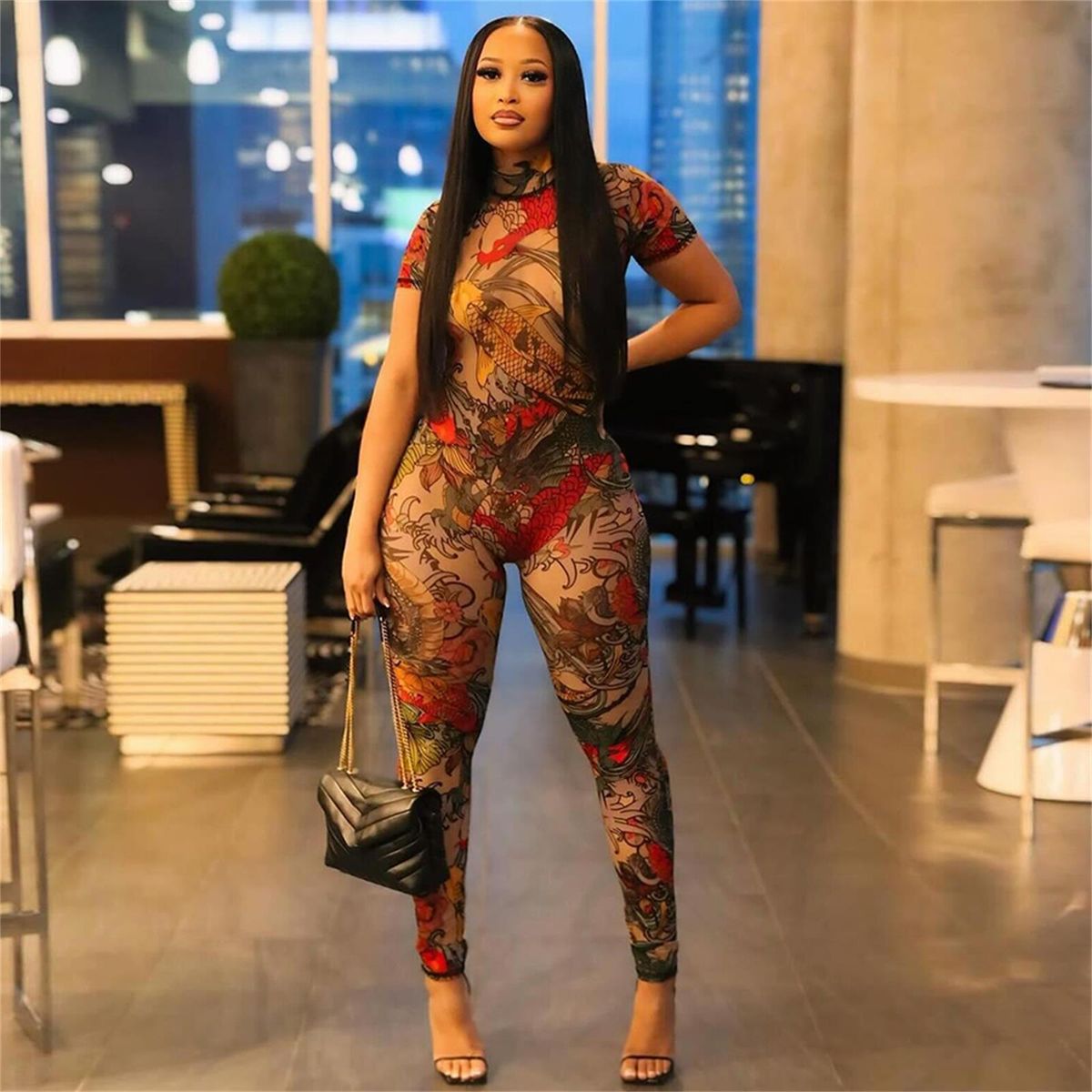 K Sexy And Fashionable Backless Pattern Printed See Through Mesh Jumpsuit_ecoleips.com
