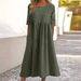 Summer Cotton Linen Blend Casual Dress Women's round Neck Short Sleeve Pocket Detail Pleated Loose Fit Independent Station Design 2025_ecoleips.com