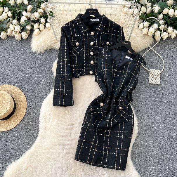 Women's Autumn Winter Tweed Jacket Set Long Sleeve Waist Vest Hip Dress Two Piece Outfit Xiaoxiang Style Temperament_ecoleips.com