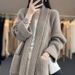 Women's V-Neck Knit Cardigan – Mid-Length Loose Fit, Solid Color, Pockets, All-Season Layering (White/Khaki, One Size)_ecoleips.com