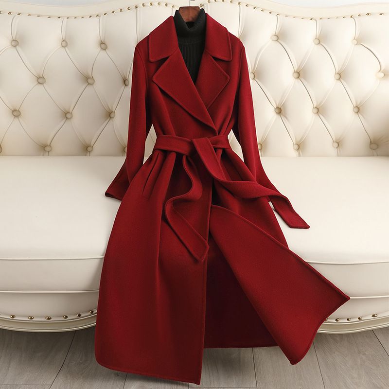 luxury doublefaced wool coat for women elegant long trench coat with belt, pure wool, slim fit, office & casual wear_ecoleips.com