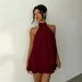 Women's Slim Fit Halter Neck Backless Top With Cinching Waist And Puffy Short Skirt Style Solid Color Vacation Wear_ecoleips.com
