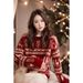 girl Red Sweater Women New Year, Thickened For Autumn And Winter, Christmas High-End Design, Lazy Style, Inner Layer Knitted_ecoleips.com