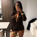 Women's Fashion Deep V Neck Long Sleeve Bodycon Dress Autumn Winter American Style Solid Color Waist Cinching_ecoleips.com