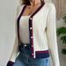Women's V-Neck Button Cardigan - Preppy Contrast Trim Knit Sweater For Autumn Layering In White/Grey/Navy_ecoleips.com