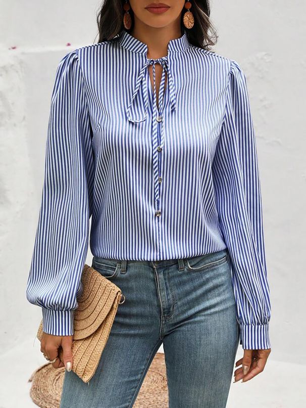 Women's Clothing Half Open Collar Tie Pullover Long Sleeved Temperament Commuter Striped Shirt_ecoleips.com