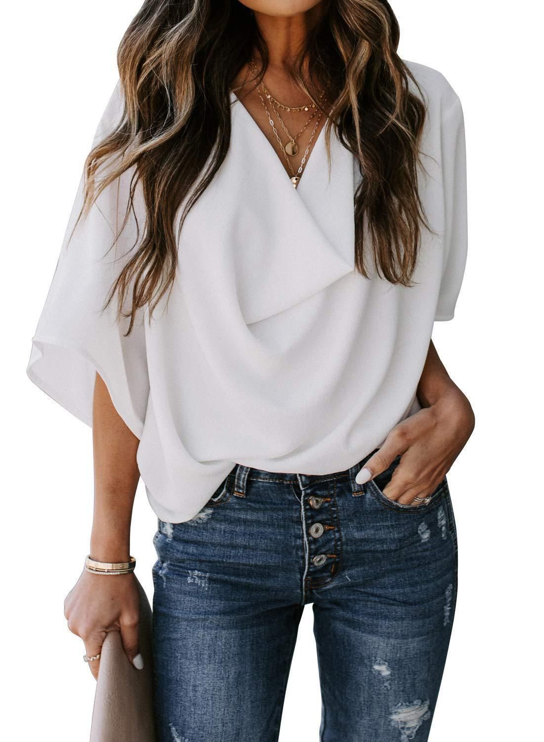 Summer New Women's Chiffon V Neck Blouse Loose Casual Mid Sleeve T-Shirt Style_ecoleips.com
