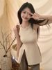 Retro Hong Kong-Style Knitted Camisole For Women, French Ruffled Slit Dress, Sexy Sleeveless Top For Outerwear_ecoleips.com