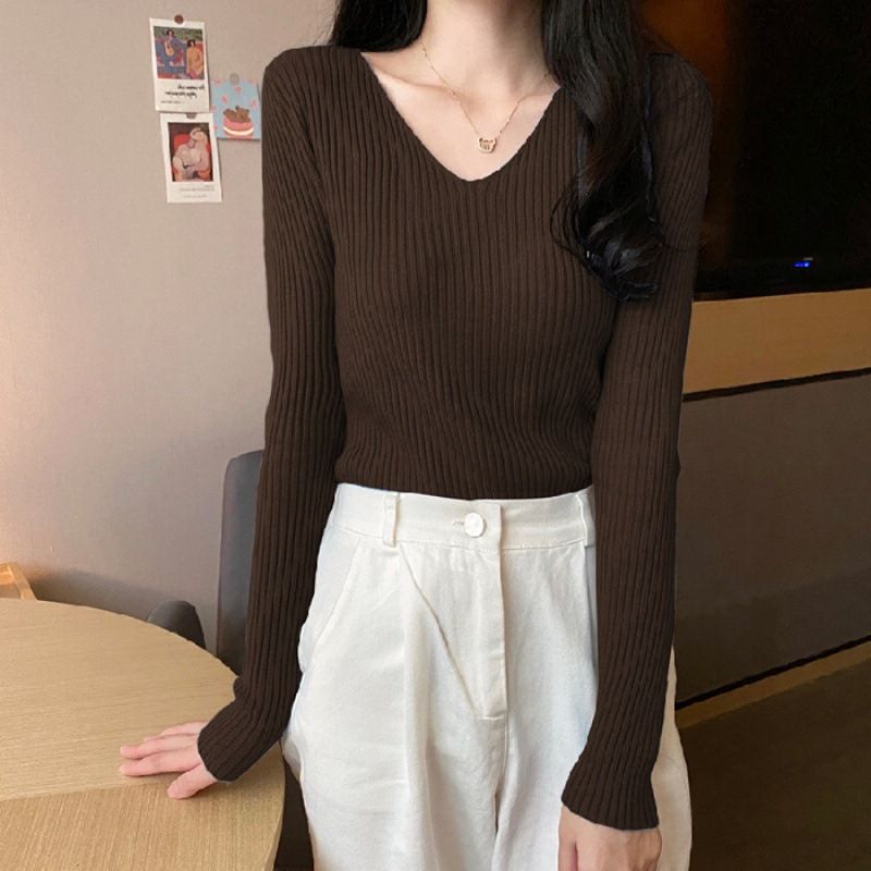 Women's Slim Fit V-Neck Long Sleeve Knit Sweater - Soft Stretchable Pullover Top For Autumn Winter Layering_ecoleips.com