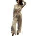 Women's clothing fashion solid color lace short long-sleeved top wide-leg pants two-piece set_ecoleips.com