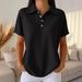 Spot Goods Women's Fashion Polo Waffle Knit Top Solid Color Loose Short Sleeve Spring/Summer_ecoleips.com