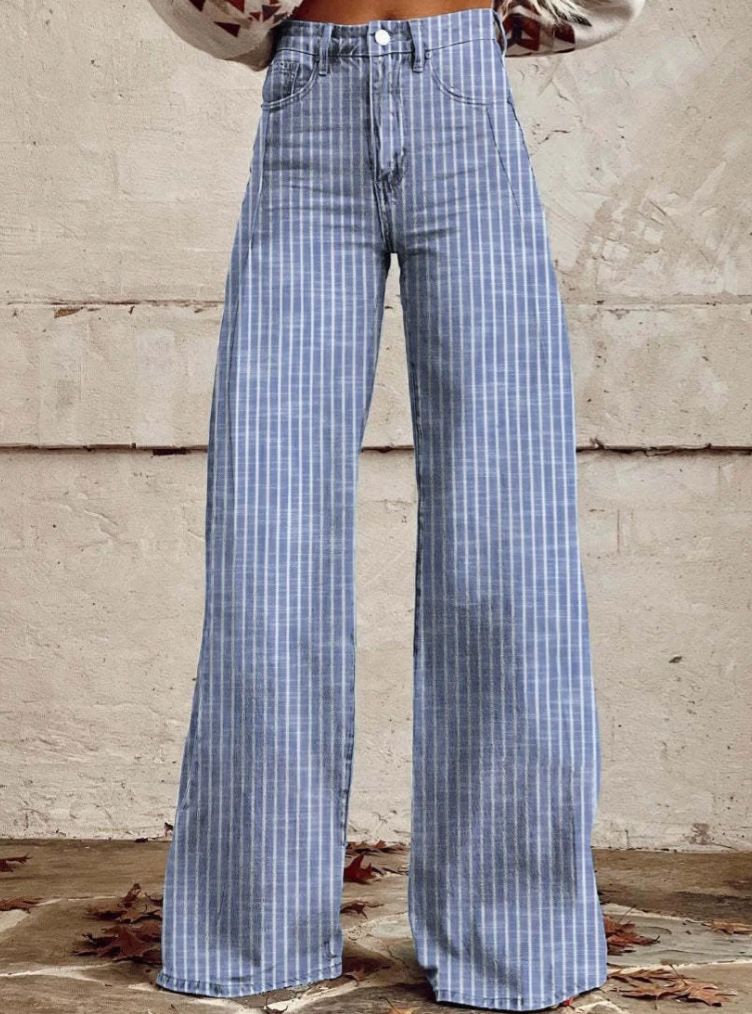 Women's Clothing Striped Wide Leg Straight Leg Flared Jeans For Women_ecoleips.com