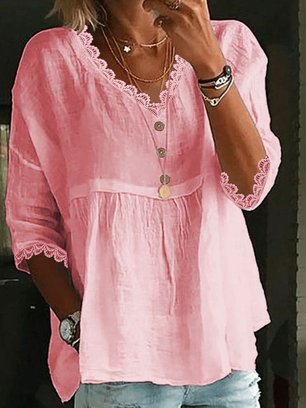 Women's Clothing Casual Three Quarter Sleeve Lace V Neck Pullover Multicolor Women's Tops Shirt_ecoleips.com