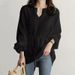2025 Women's Long Sleeve V Neck Shirt Drawstring Waist Solid Color Top_ecoleips.com