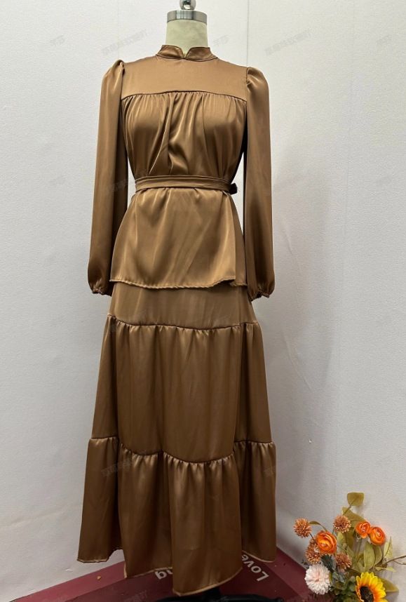 Women's Clothing autumn new solid color round neck pleated slim fit top skirt elegant suit_ecoleips.com