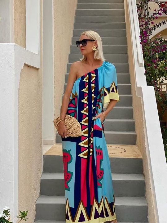 Women's Clothing Ins Internet Celebrity Same Style Positioning Printing Oblique Shoulder Holiday Long Skirt Ladies Dress_ecoleips.com