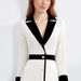 French Color Block Notched Collar Blazer Dresses Woman Button Decoration A-Line Office Dress Fall 3/4 Sleeve Elegant Party Dress_ecoleips.com