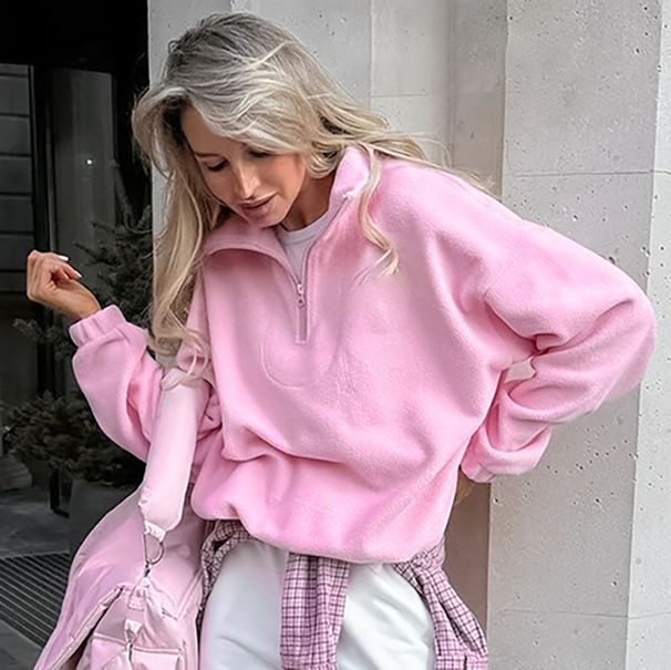 French Minimalist Oversized Women's Casual Sweatshirt - Soft Fleece Pullover With Zip Collar, Loose Fit Long Sleeve Top For Streetwear & Workwear_ecoleips.com