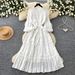 French Retro Stand Collar Ruffle Patchwork Dress for Women Hollowed out Embroidery Slimming Long Sleeve Niche Stand Collar Bubble Women's Clothing_ecoleips.com