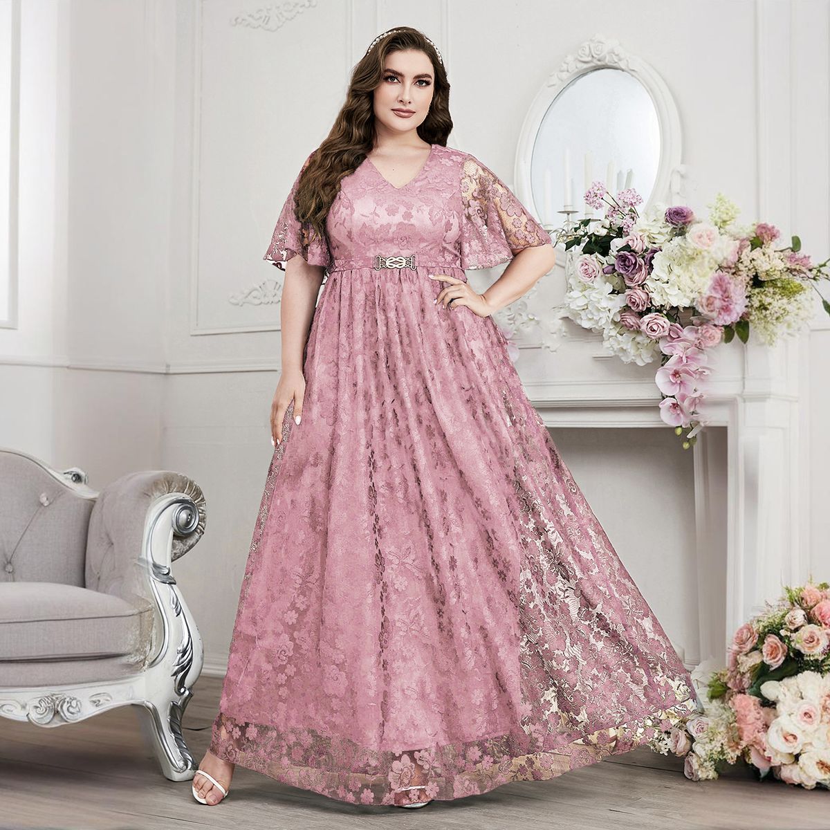 Plus Size Women's Elegant Bridesmaid Dress V Neck Lace Large Skirt Fashion_ecoleips.com