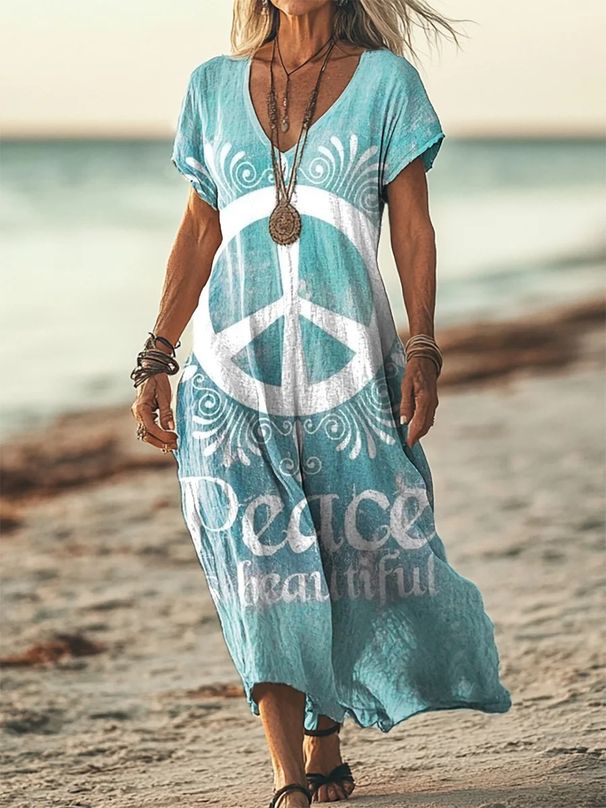 Creative Floral Women's Summer V-Neck Short Sleeve Dress, Mid-Length Dress_ecoleips.com