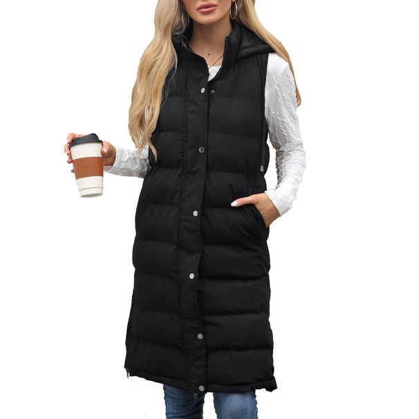 Women's Long Sleeveless Hooded Vest With Zip Front, Quilted Padded Jacket For Winter, Casual Outerwear In Solid Colors_ecoleips.com