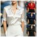 Satin V Neck Sheer Striped Shirt Tie up mid Length Sleeve Blouse for Women Elegant Fashion England Style Spring/Autumn Summer_ecoleips.com