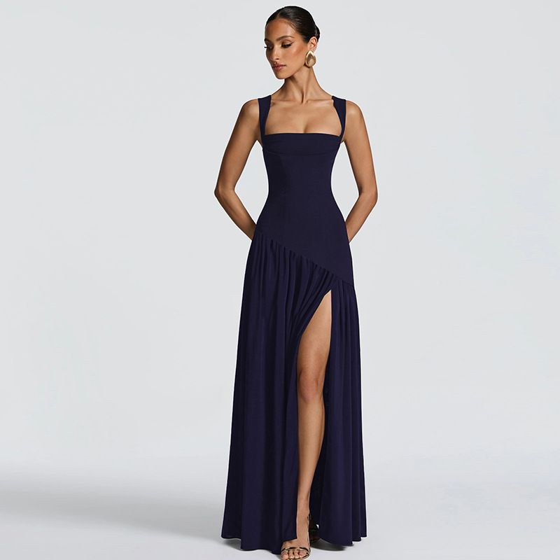 Women's Clothing Slim Solid Color Slit Ribbon Dress Fashion Temperament Suspender Winter New Clothing_ecoleips.com
