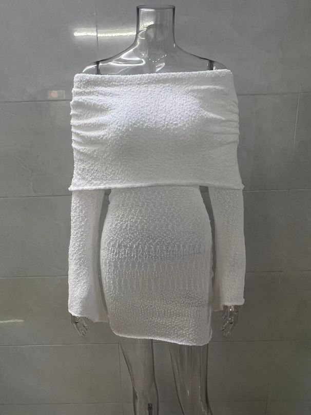 K New Knitted Women's Short Beach Dress With A Sexy Sheer Long-sleeved One-shoulder Dress_ecoleips.com