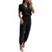Women's Clothing Solid Color V Neck Short Sleeve Tops And Cuffed Pants Set Fashionable And Casual Two Piece Set_ecoleips.com