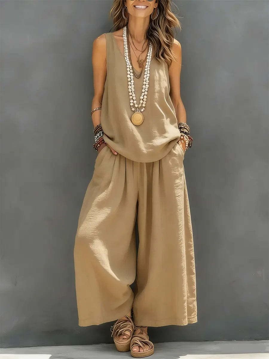 Women's Clothing Women's Solid Color Cotton Linen Set Casual Sleeveless Vest Wide Leg Pants For Formal & Casual For Women_ecoleips.com