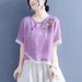 Cotton And Linen Button-Up Embroidered Slanted Shirt For Women With Five-Quarter Sleeves 2026 Summer Ethnic Style Asymme_ecoleips.com