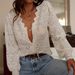 Sheer Lace V-Neck Blouse For Women – Oversized Long Sleeve Shirt With Sexy Cutout Detail | Solid Color Streetwear Top | S-XXL (Beige Only)_ecoleips.com
