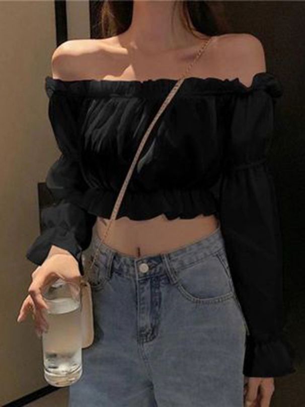 Women's Off-Shoulder Crop Top High-Waisted Puff Sleeves Spring/Summer 2024 Trendy Style_ecoleips.com