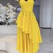 K Women's New Butterfly Knot Strap V-Neck Ruffle Dress_ecoleips.com