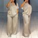 Women's plus Size Fashion Set Elegant V Neck Top with Drawstrings Straight Leg Trousers Elegant Casual Outfit_ecoleips.com