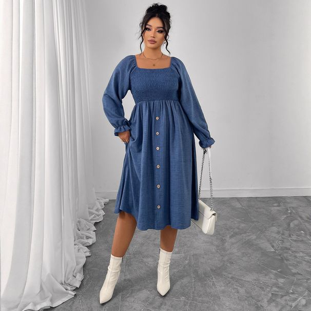 Women's Clothing Plus Size Clothes "Sophisticated High Waisted Square Neck Dress – Button Down Long Sleeve Winter Dress For Women_ecoleips.com