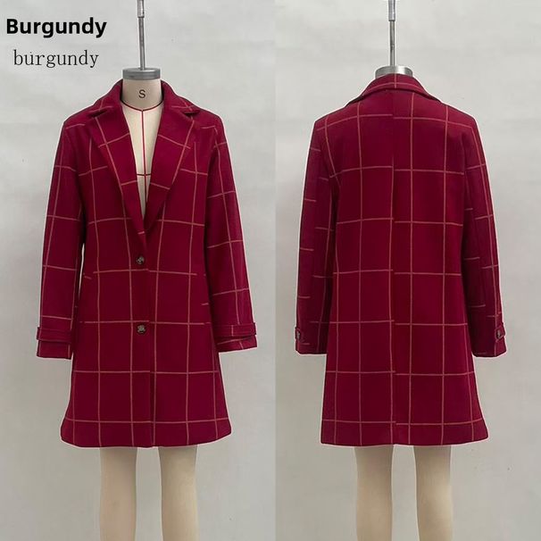 Women's Retro Plaid Wool Coat Mid-Length Lapel Casual Temperament European American Style Outerwear_ecoleips.com