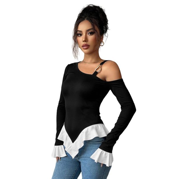 Voya Women's Black Single Shoulder Camisole T-shirt With Short Front And Long Back, White Ruffle Hem Hem, Contrasting Color For Spring And Summer Top_ecoleips.com