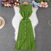 Women's Clothing Waist Dress Round Neck Hook Flower Single Breasted Hollow Swing Sleeveless_ecoleips.com