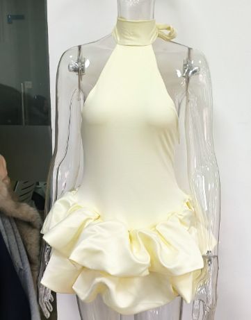 Ballet Style Halter Neck Sleeveless Stand Collar Waist Cinched Ruffled Puffy Dress Womens Summer Casual Party Dress_ecoleips.com