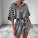 Summer New Women's Striped Lapel Cardigan Button Down Five-Sleeve Shorts Jumpsuit_ecoleips.com