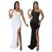 Women's Clothing fashionable and sexy oblique shoulder waist high slit leaking backpack hip hot diamond party dress_ecoleips.com